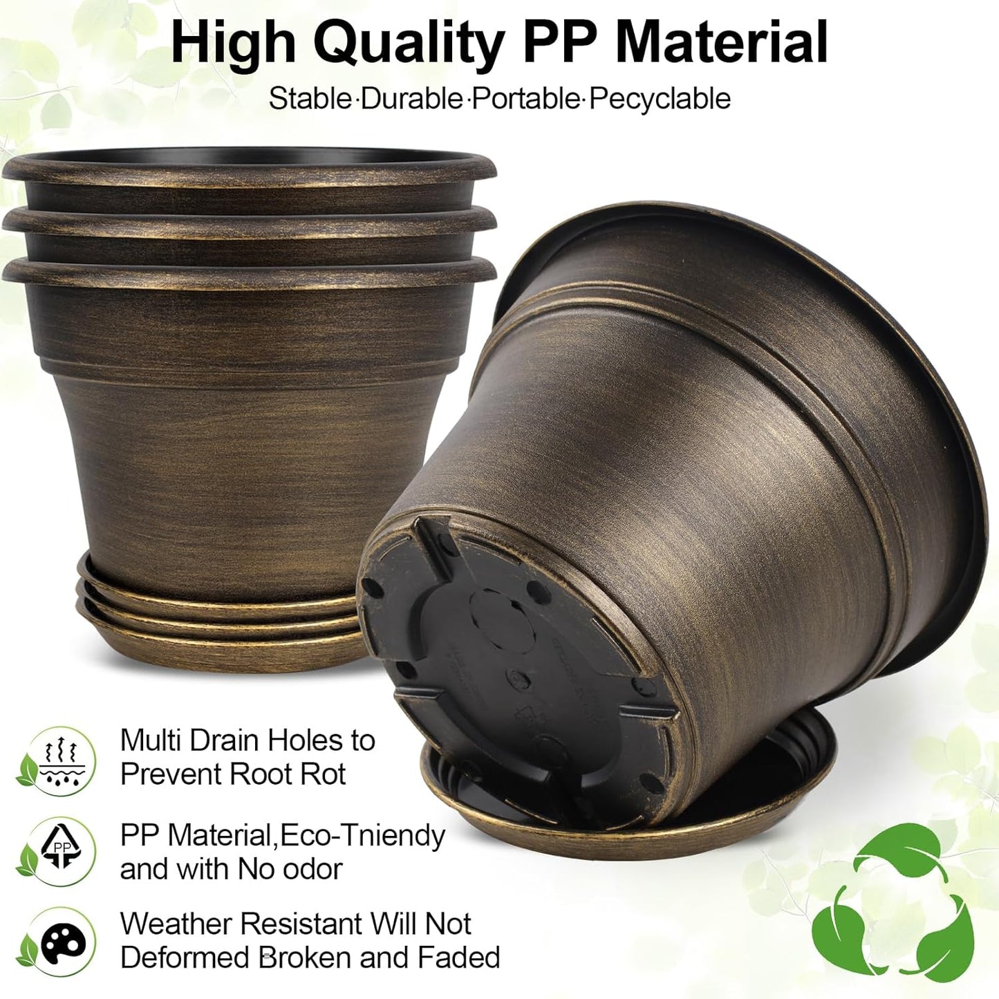 Fodetyff 10 Inch Planters Plant Pots Indoor Outdoor, 4 Pack Plastic Flower Pot for Indoor Plants with Drainage Holes & Trays, Resin Decorative Container Sets with Saucer for House Garden Copper