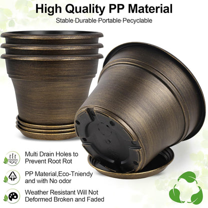 Fodetyff 10 Inch Planters Plant Pots Indoor Outdoor, 4 Pack Plastic Flower Pot for Indoor Plants with Drainage Holes & Trays, Resin Decorative Container Sets with Saucer for House Garden Copper