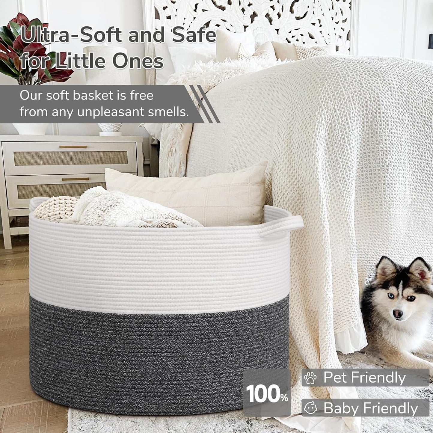 INDRESSME XXXLarge Blanket Basket for Living Room 21.7" x 21.7" x 13.8"-Storage Basket with Handle for Organizing Toy Pillows Woven Cotton Rope Laundry Basket Stuffed Animal Toy Storage for Play Room