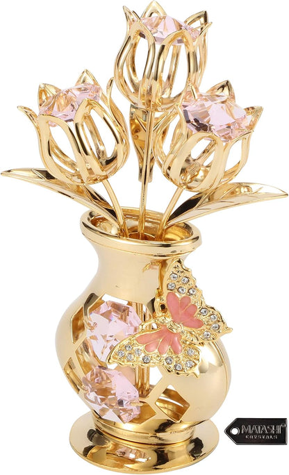 Matashi 24K Gold Plated Crystal Flower Figurine with Clear Crystals & Butterfly – Luxury Decorative Tulip Statue, Elegant Tabletop Home Décor, for Mother's Day, Valentine's Day, Christmas