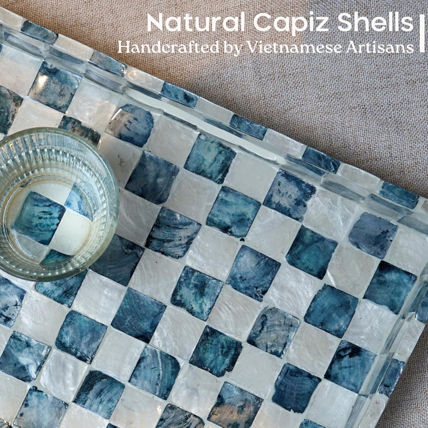 CHI AN HOME 15.8" x 11.8" Decorative Rectangular Tray with Natural Capiz Shells, Checkered Tray with Handles, Serving Tray for Ottoman, Coffee Table, Kitchen Counter Home Decor (Pistachio Green)