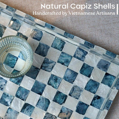 CHI AN HOME 15.8" x 11.8" Decorative Rectangular Tray with Natural Capiz Shells, Checkered Tray with Handles, Serving Tray for Ottoman, Coffee Table, Kitchen Counter Home Decor (Pistachio Green)