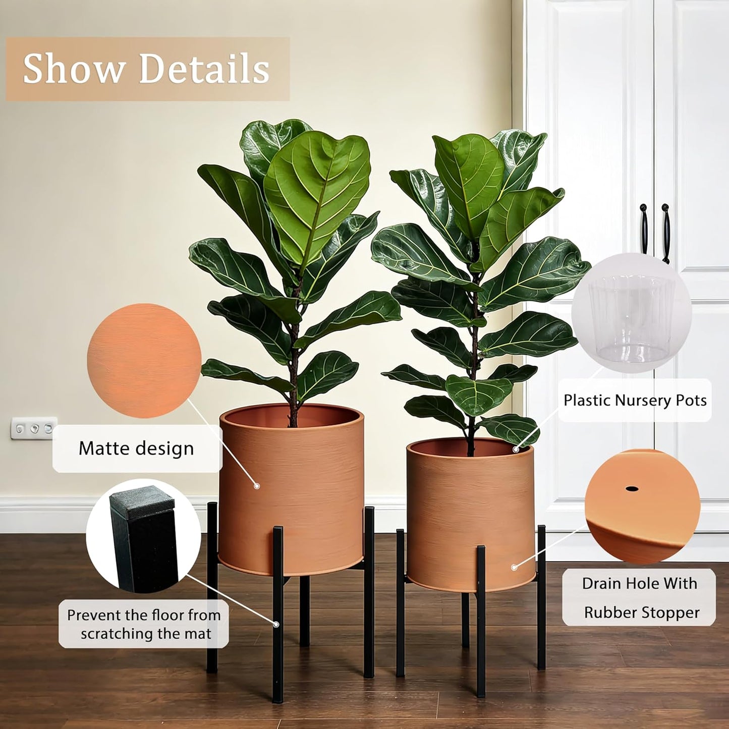 ARNIS Modern Plant Pots, Set of 2 Large Planters with Stand, Decorative Planters, Metal Pots with Drainage Holes for Living Room, Office, Garden or Balcony, 8.25 &10.5 Inch, Dirt
