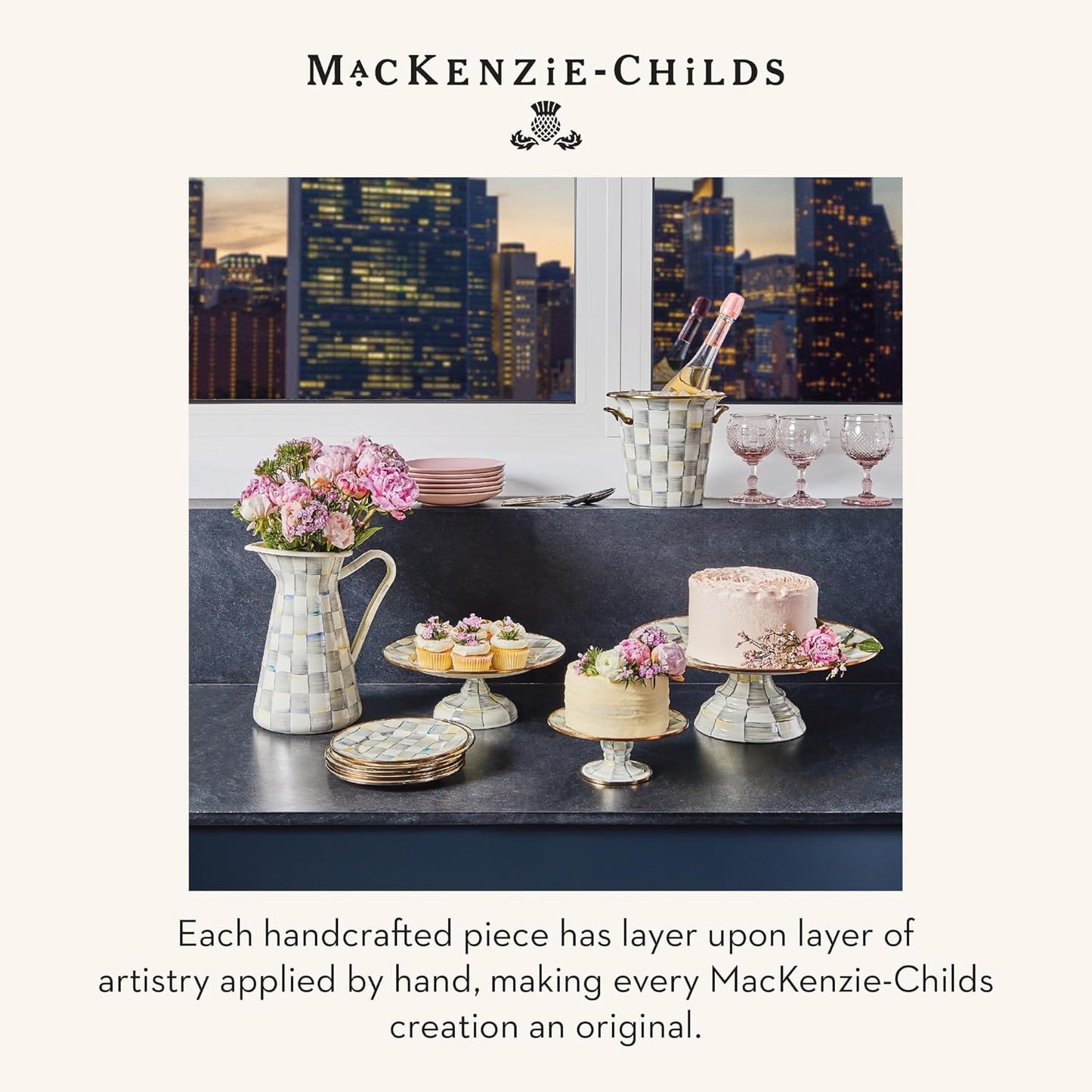 MACKENZIE-CHILDS Enamel Pedestal Serving Platter, Decorative Serving Dish for Food, Small, Black-and-White Courtly Check