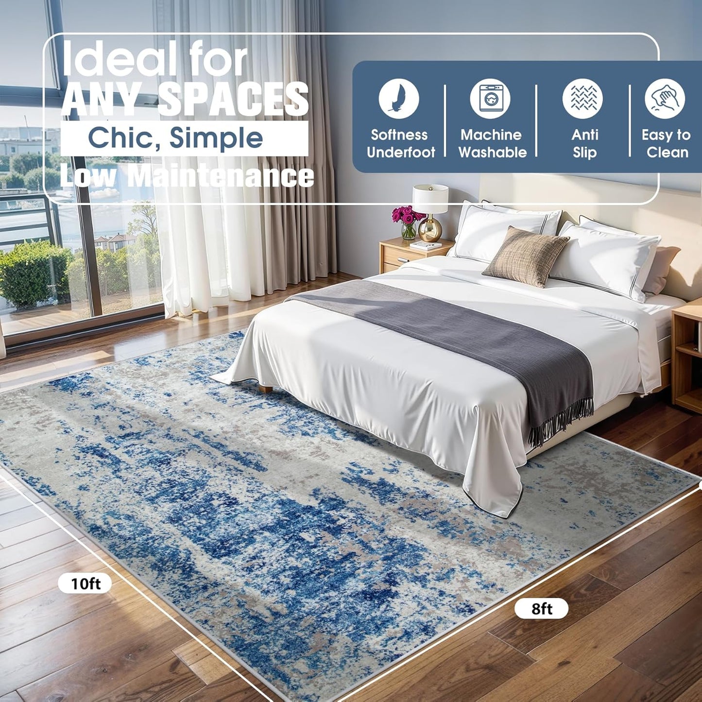 8x10 Area Rugs for Living Room Rug Washable: Abstract Large Rug for Dining Room Bedroom Carpet Non Slip 8 by 10 Indoor Modern Nursery Home Office Blue Grey