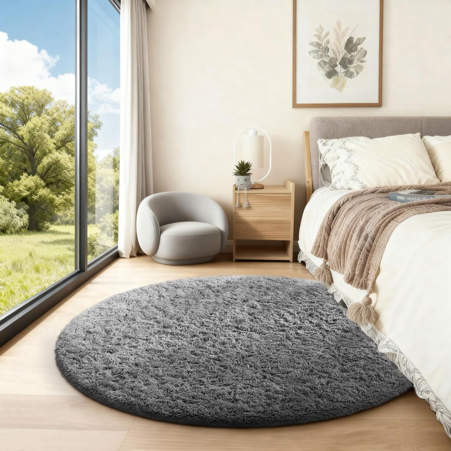 Ophanie Round Rugs 5Ft Ivory Circle Area Rug, Nursery Room Decor, Christmas Aesthetic Bedroom Home Circular Carpet 5 Foot, Fluffy Fuzzy Shag Plush Cream Living Room Rugs for Kids Boys Girls Teen Baby