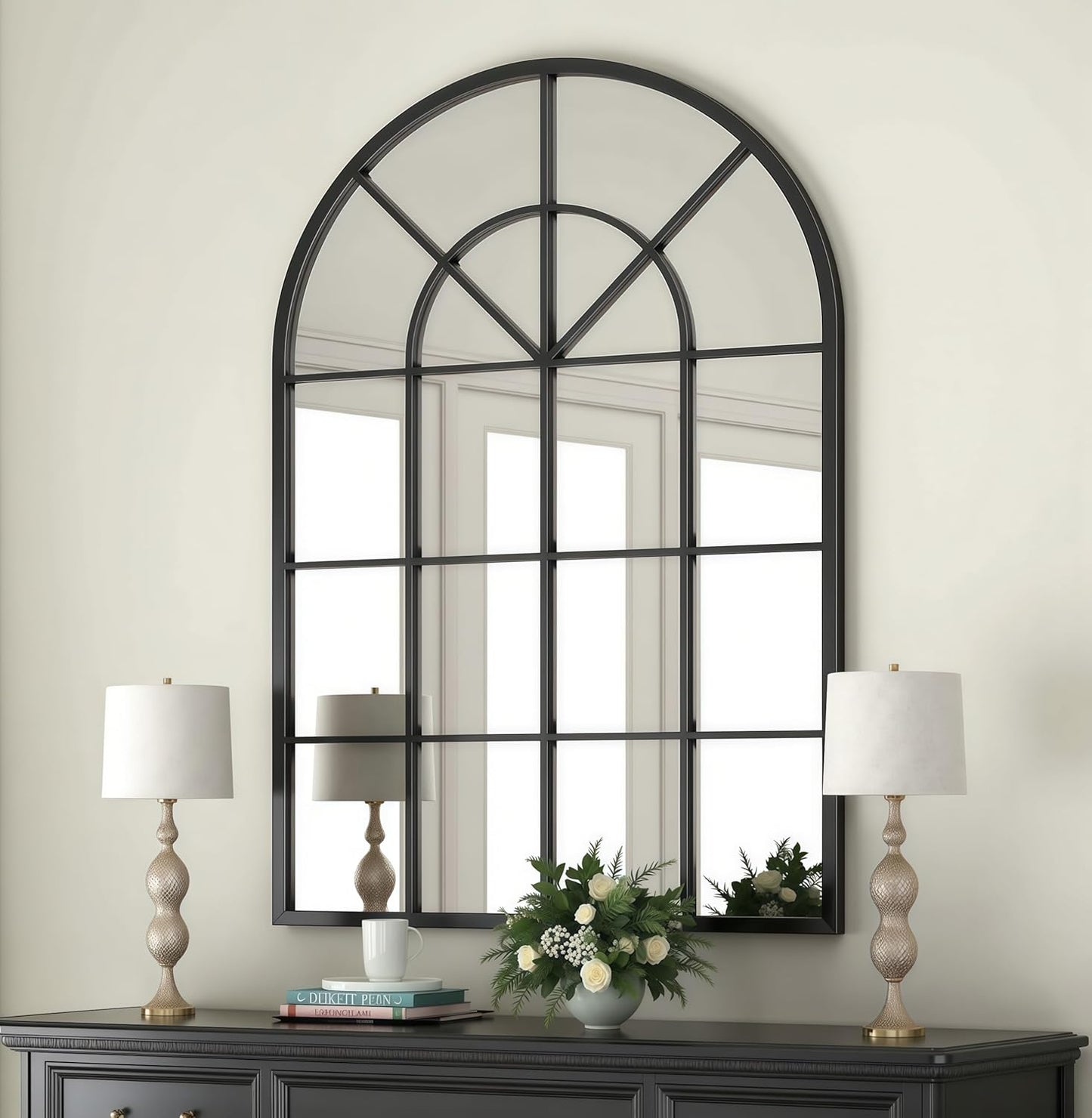 Dewfig 65"x 22" Arched Window pane Full Length Mirror, Wall Mirror, Floor Standing Mirrors, Farmhouse Long Full Body Mirrors Wall Mounted for Living Room, Bedroom, Entryway, Fireplace, Black