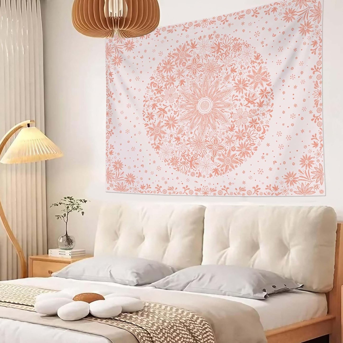 Neasow Bohemian Tapestry Wall Hanging, Beige White Floral Tapestry with Dotted Daisy Medallion Print Bedroom Boho Hippie Home Decor, 36×48 inches