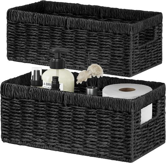 Vagusicc Wicker Storage Basket, Set of 2 Hand-Woven Paper Rope Wicker Baskets for Organizing Decor Storage Bins for Counter Shelves Pantry Basket Small Toilet Paper Basket for Toilet Tank Top, Natural