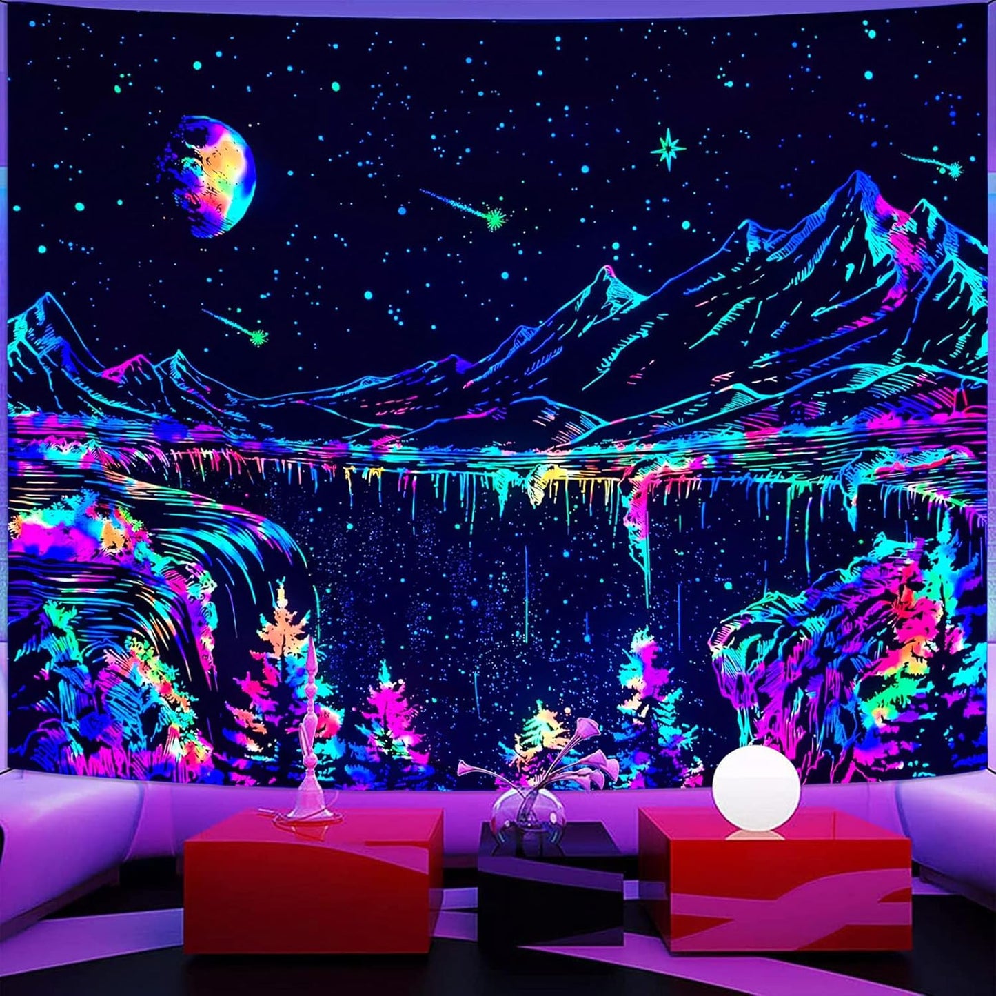 Zussun Black and White Tapestry Starry Night Mountain Tapestries for Bedroom Aesthetic Moon and Stars Tapastry's Wall Hanging Dark Nature Forest Wall Tapestry for Living Room Dorm (48'' × 36'')