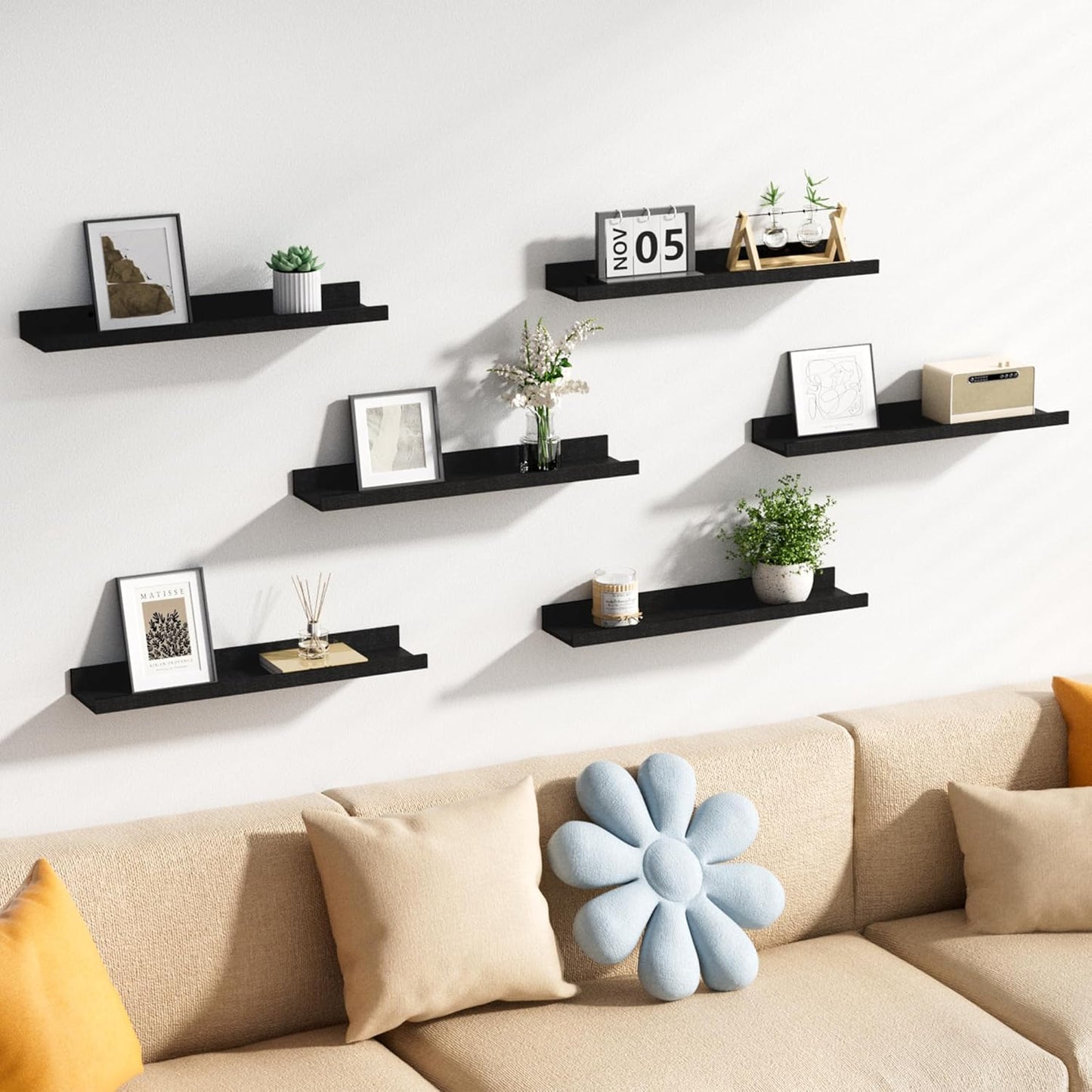 upsimples 6 Pack Wooden Floating Shelves, Wall Storage Decor Shelf for Bathroom, Bedroom, Living Room, Kitchen, Office and Laundry Room, Wall Mounted Display Hanging Shelf, Brown