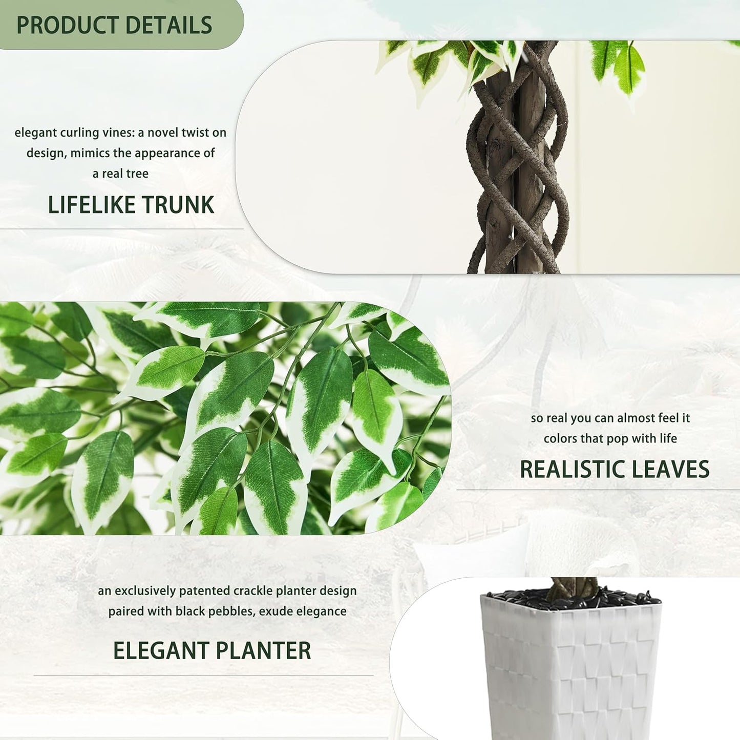 Artificial Ficus Tree 6FT Faux Plants Indoor Tall Fake Plants with White Planter, Green Lifelike Lush Fake Ficus Tree for Home Living Room Bedroom Outdoor Balcony House Office Decor
