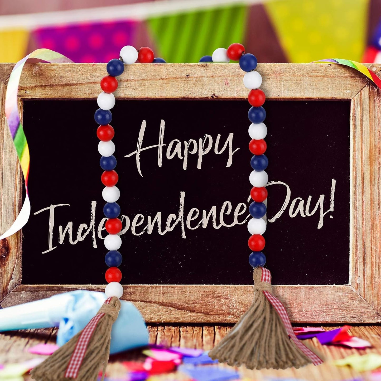 3 Pieces Independence Day Wood Bead Garland with Rustic Tassels 250 Th 4 of July USA Patriotic Wood Bead with American Flag and Wooden Heart Sign for Farmhouse Wall Hanging Prayer Beads Boho Decor