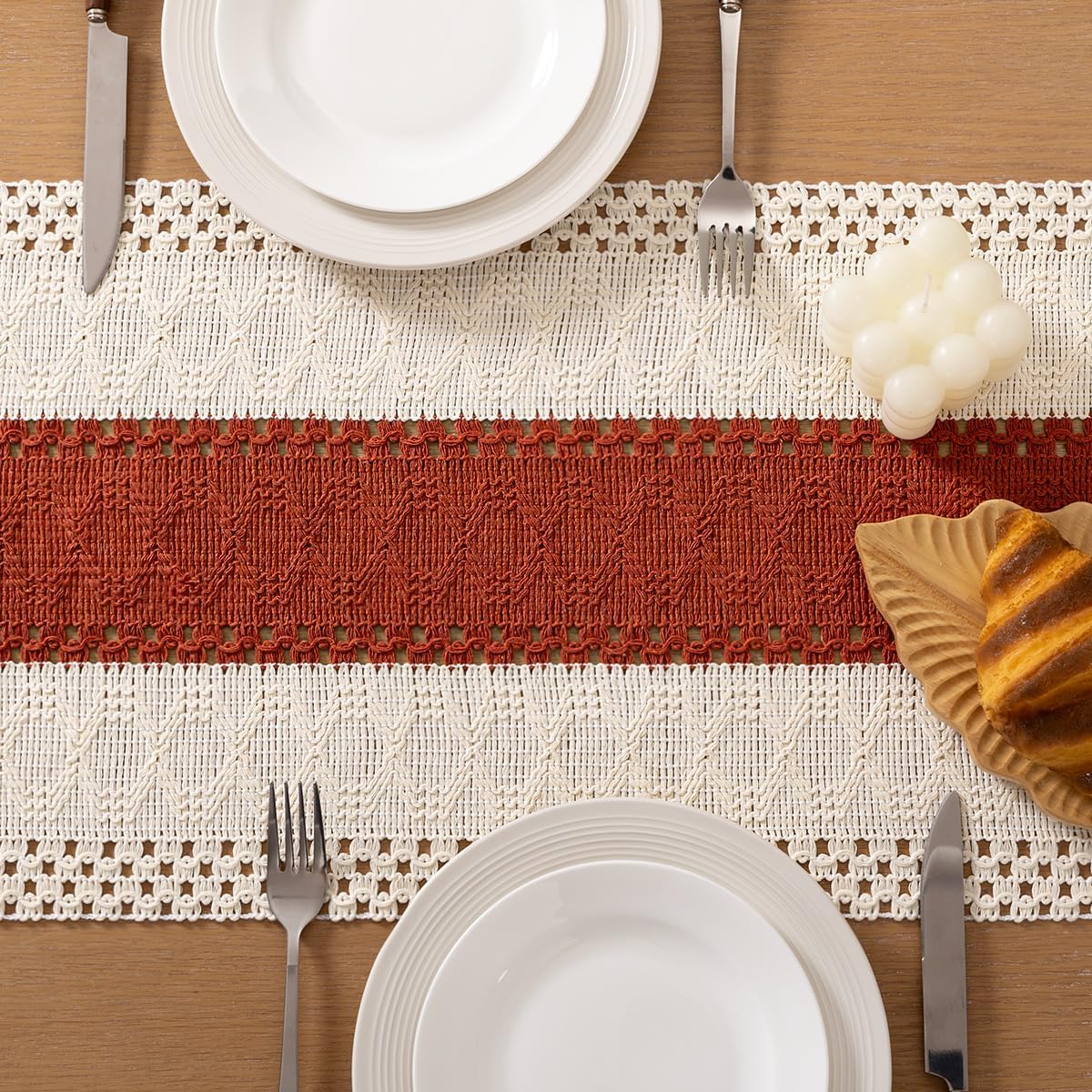 Socomi Boho Table Runner Summer Farmhouse Rustic Dining Kitchen Centerpiece Decor Small Macrame Woven Cotton Linen Coffee Table Runner for Dresser Scarf Home Decor 12x36 inch Beige