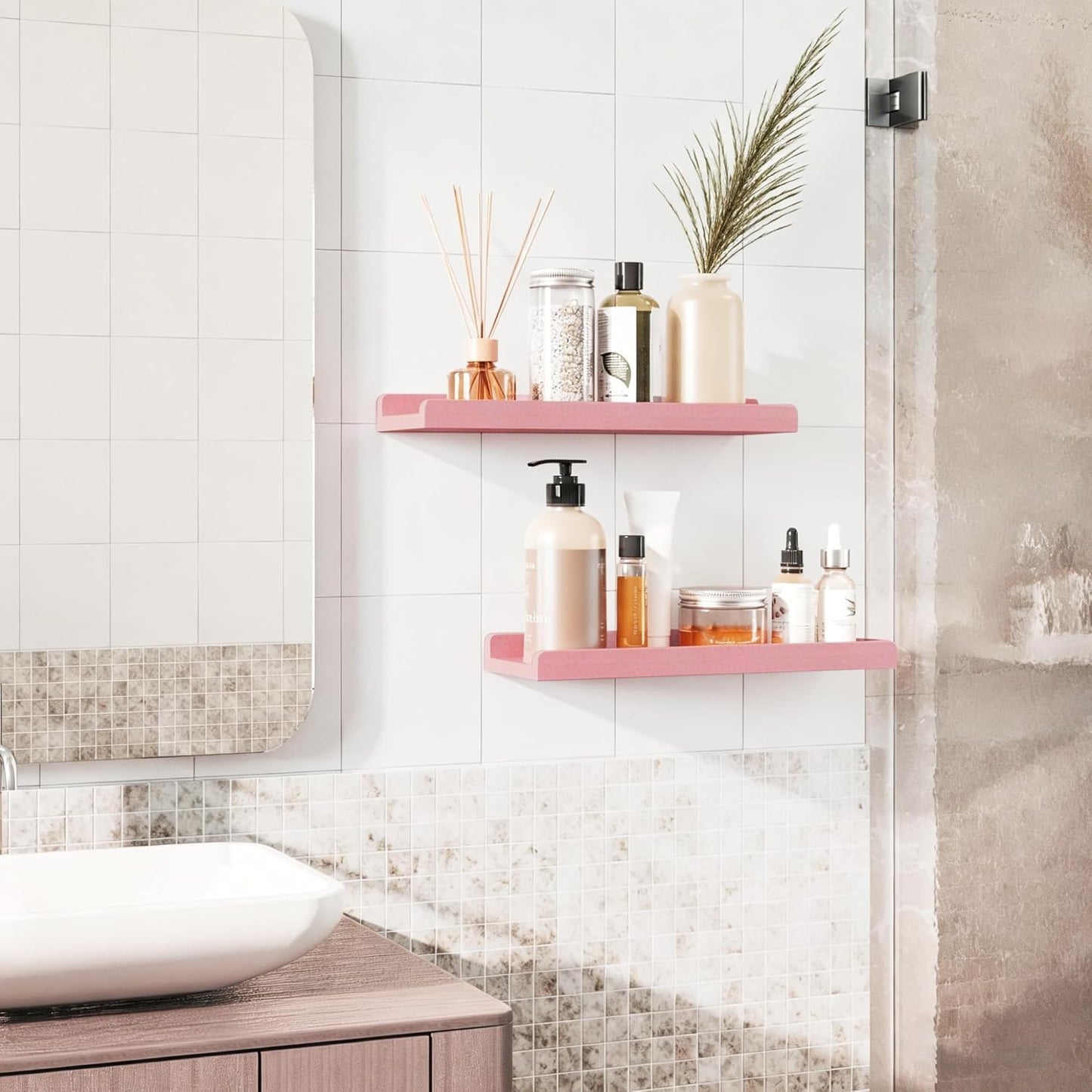 Love-KANKEI Floating Shelves Wall Mounted Set of 2, 17 Inch Rustic Wood Wall Shelves for Storage, Bedroom Living Room Bathroom Kitchen Office and More White