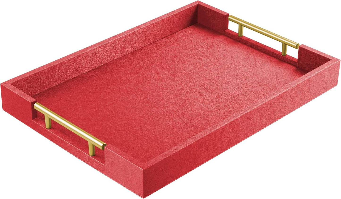 ATZYmolin 17" x 12" Wood Serving Tray with Gold Polished Metal Handles, Home Decorative Wooden Rectangle Ottoman Leather Decor Platter Bathroom Vanity Tray for All Occasions White