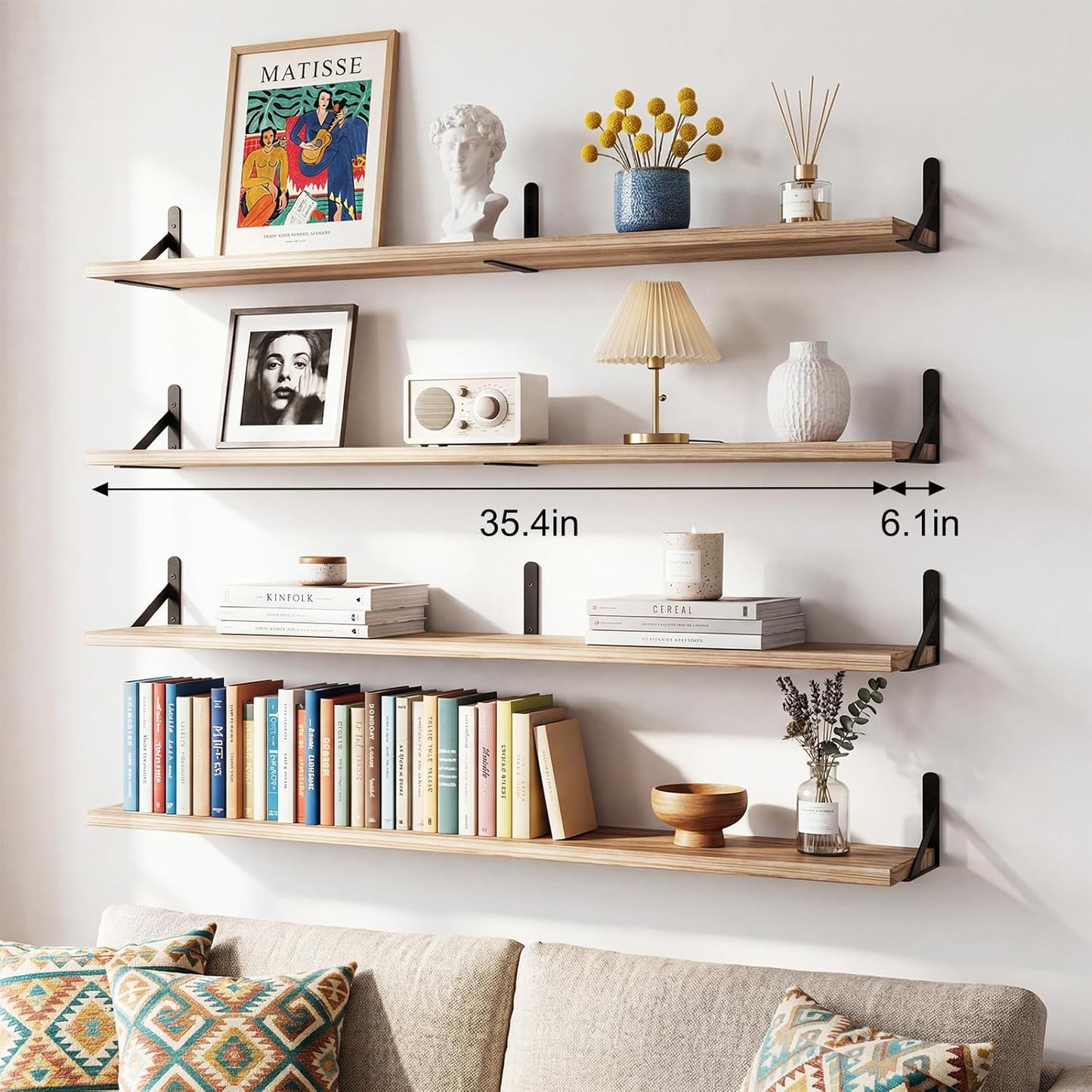 YGEOMER Floating Shelves for Wall, Different Sizes Dark Carbonized Brown Wall Shelves for Living Room, Bathroom, Bedroom, Kitchen, Home Decor (Set of 4)