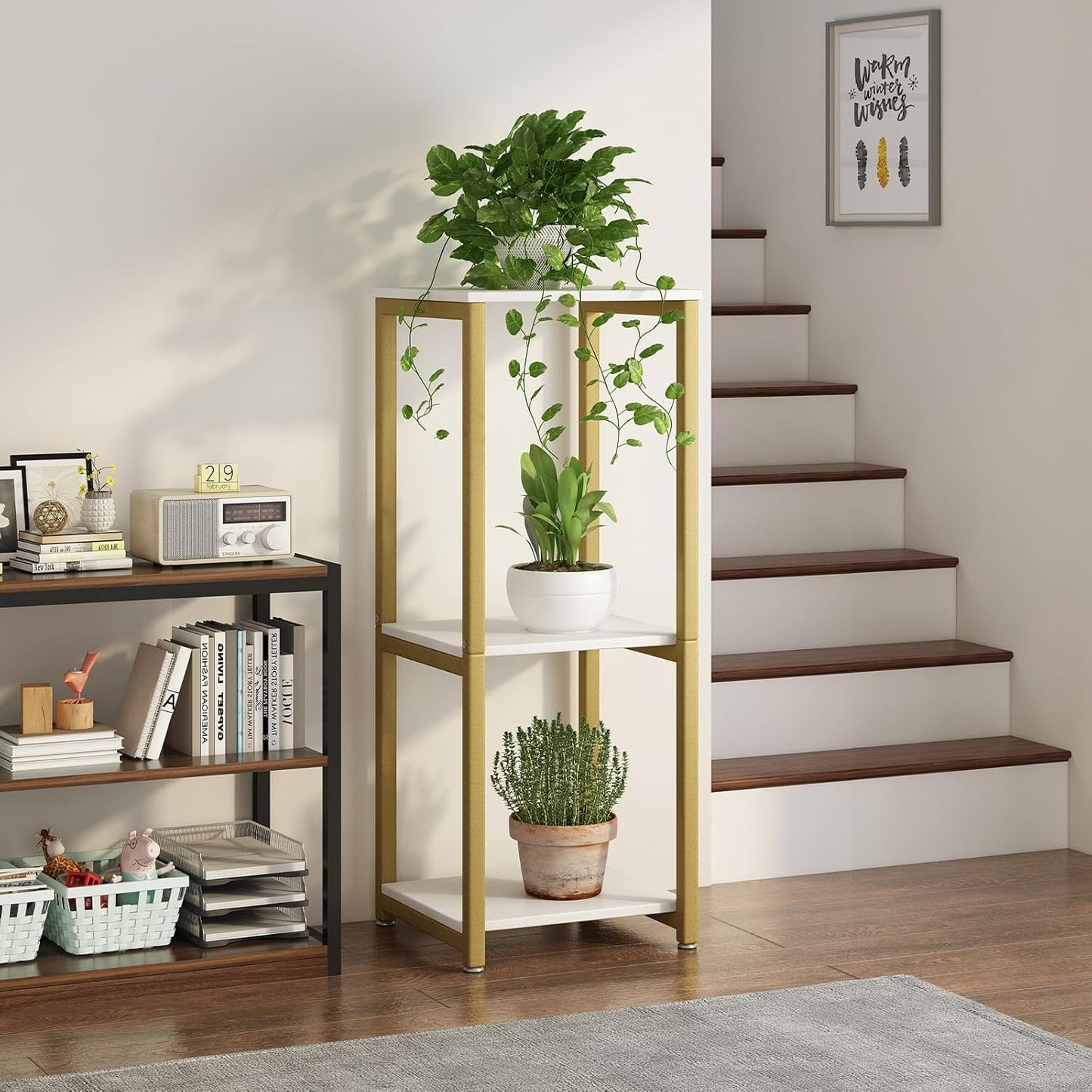 Plant Stand Indoor Corner Tall 2 Tier Metal Modern Flower Storage Plant Shelf Holder for Living Room Balcony Garden,Black (2 Tier-Black Round)
