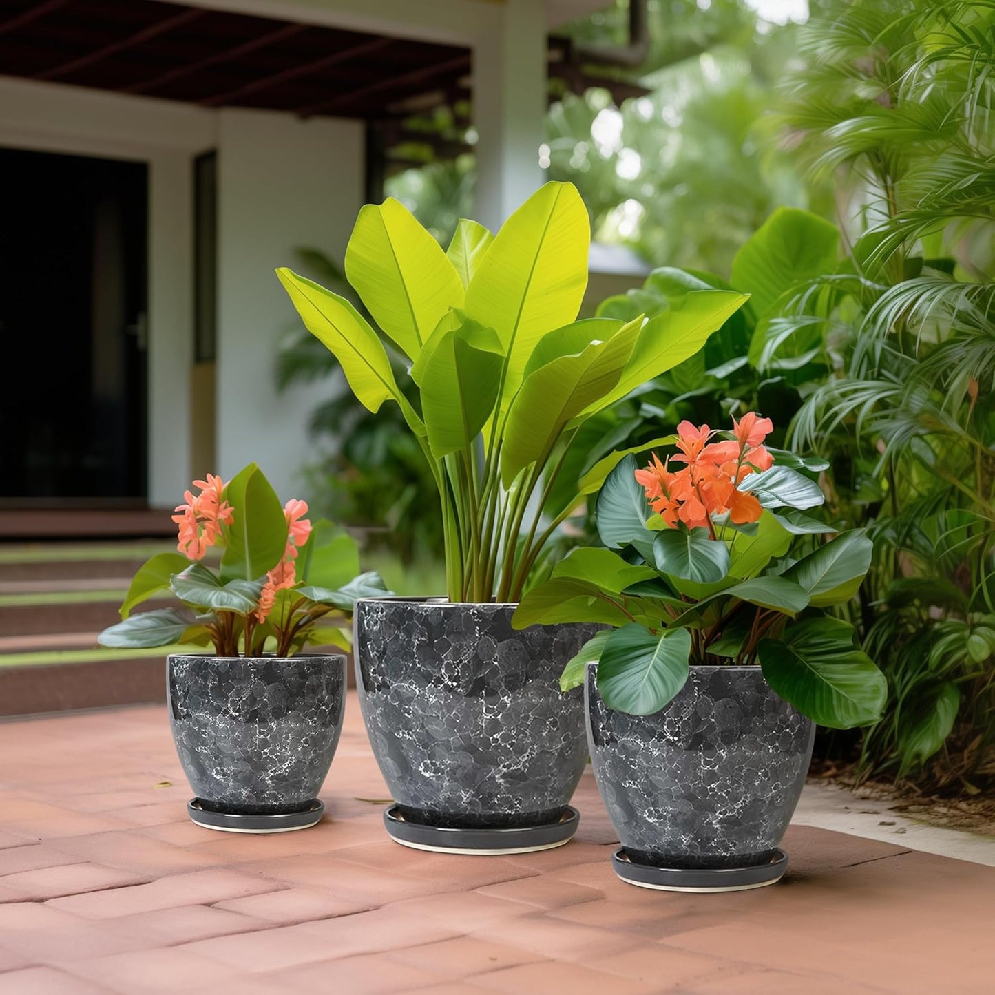 Plant Pots Indoor, Ceramic Planters Pots with Drainage Holes and Saucers, 10+8+6 Inch, Set of 3, Round Large Flower Pots for Indoor Outdoor Plants, Blue