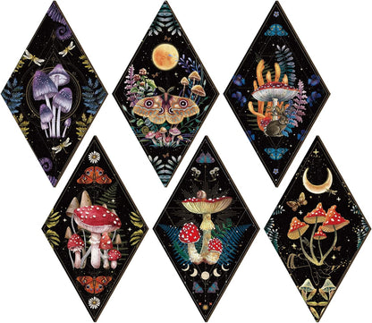 Sintuff 6 Pieces Gothic Wall Decor Boho Sun Moon Phases Wall Art Gothic Minimalist Stars Sun Hanging Wooden Home Decor Farmhouse Pediments for Gallery Living Bedroom Room(Mushroom)