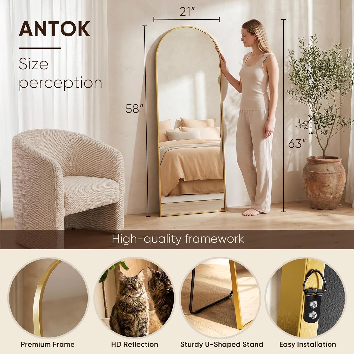 Antok 71" x28” Arched Full Length Floor Mirror, Black Aluminum Frame, Free Standing/Wall Mount/Leaning for Bedroom, Living Room, Dressing Room
