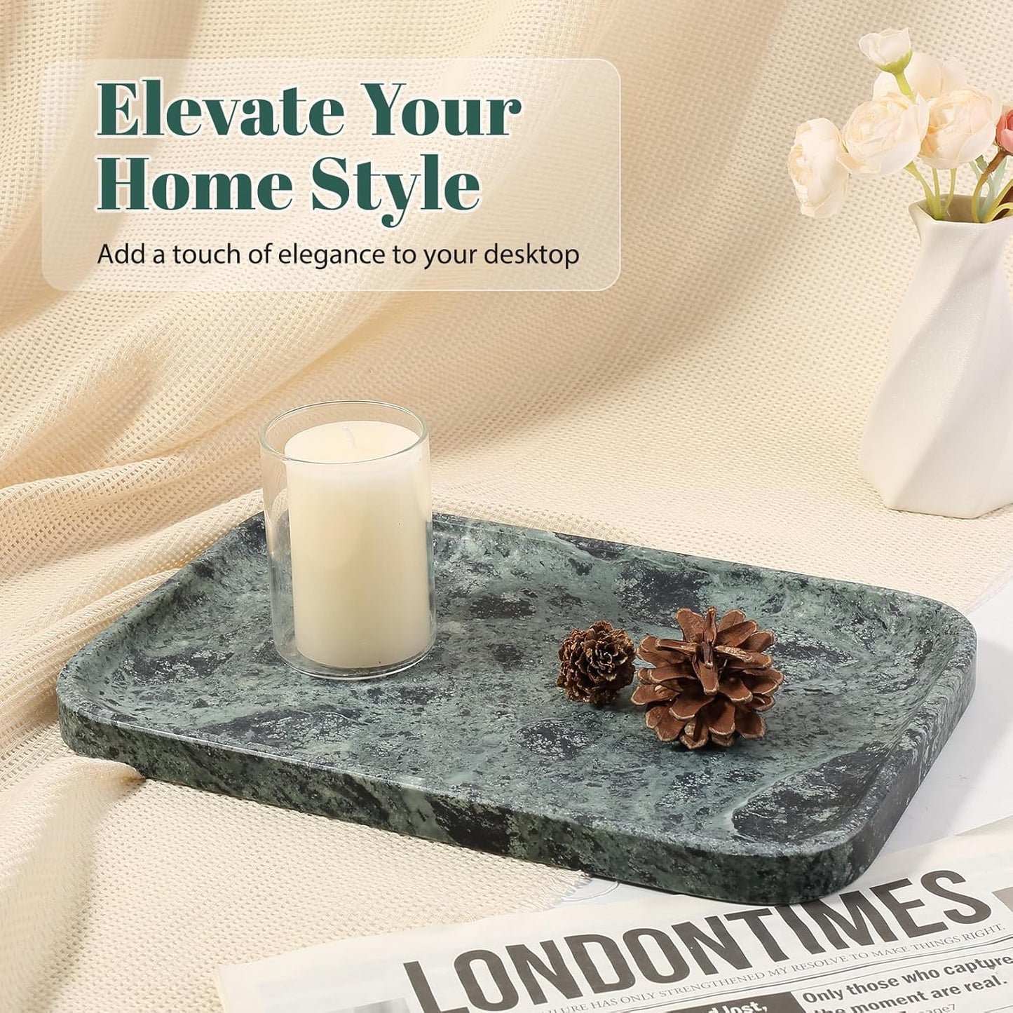 Koville Romano Travertine Tray, 12"x8" Natural Stone Vanity Tray for Countertop Bathroom Kitchen Dresser, Decorative Marble Catchall Trays for Perfume Jewelry, Rectangular Serving Tray(Beige)