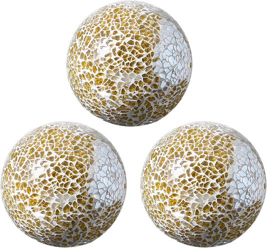 Decorative Mosaic Glass Orbs, 4 Inch Diameter, Set of 3 Sphere Balls, Rose Gold (Gold)