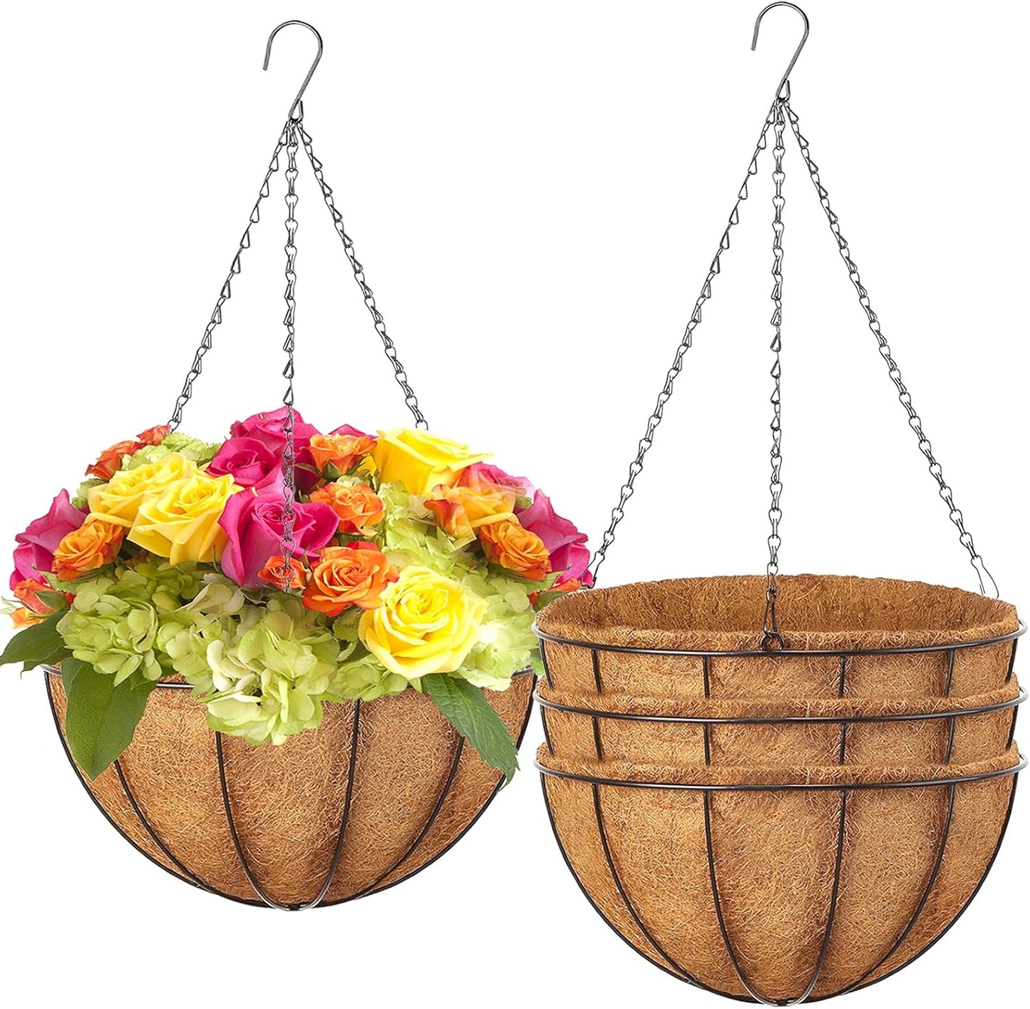LCHUANG Hanging Baskets Planter for Plants - 2 Pack 12 Inch Metal Baskets with Coco Coir Liner, Hanging Flower Pots for Outside with Chain, Indoor Outdoor Garden Porch Decoration (12'' Pack of 2)