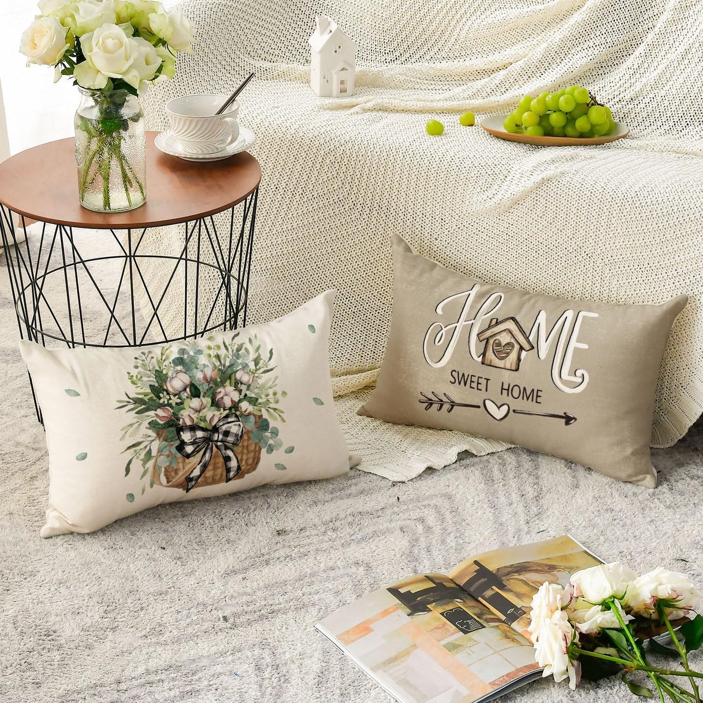 AVOIN colorlife Bless Our Home Farmhouse Eucalyptus Leaves Throw Pillow Covers, 18 x 18 Inch Truck Home Sweet Home Cushion Case Decorations Set of 4