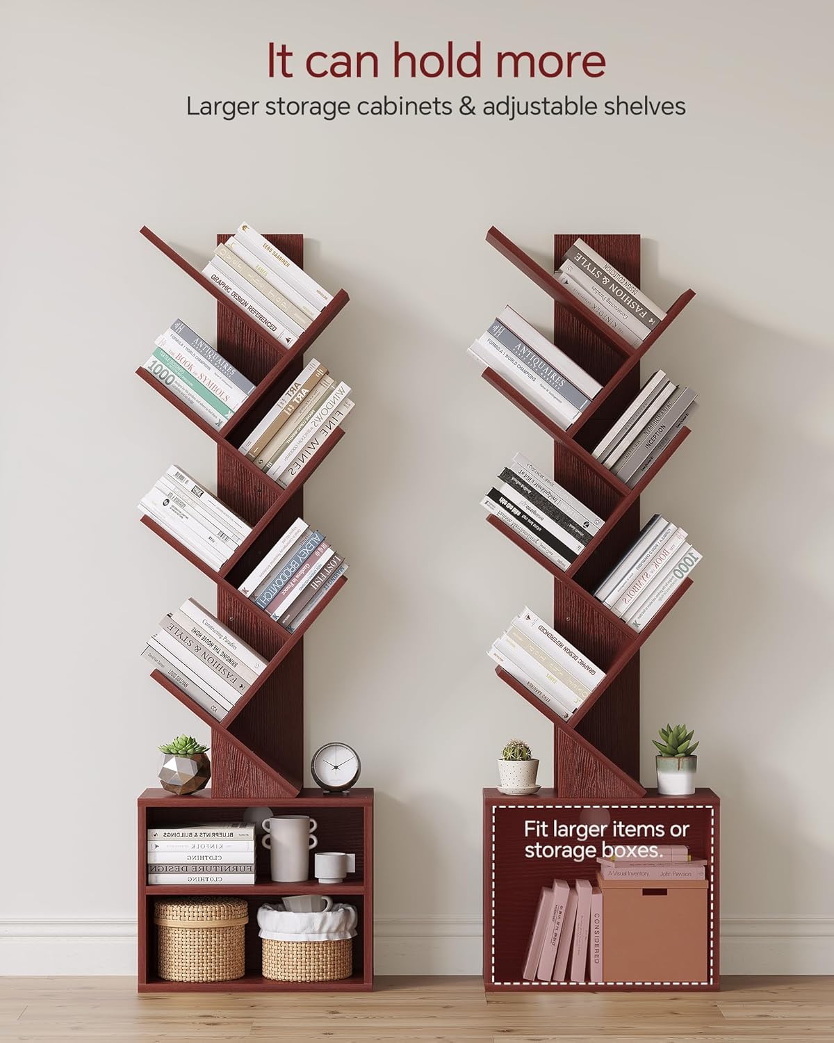 SUNMORY 6 Tier Tree Bookshelf, Small Bookcase with Storage Cabinet, Modern Tall Narrow Bookshelves Organizer, Floor Standing Book Shelf for Bedroom/Living Room/Home Office/Corner, Rustic Brown