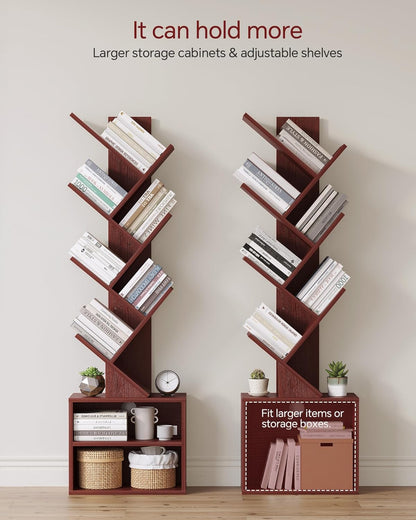 SUNMORY 6 Tier Tree Bookshelf, Small Bookcase with Storage Cabinet, Modern Tall Narrow Bookshelves Organizer, Floor Standing Book Shelf for Bedroom/Living Room/Home Office/Corner, Rustic Brown