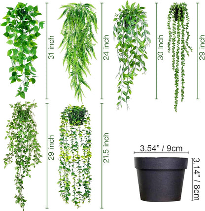 Sggvecsy Fake Hanging Plants 6 Pack Artificial Hanging Eucalyptus Plants Potted Greenery Faux Mandala Vine String of Pearls Boston Fern Ivy Vine Leaves Pea Pod for Home Indoor Outdoor Shelf Wall Decor