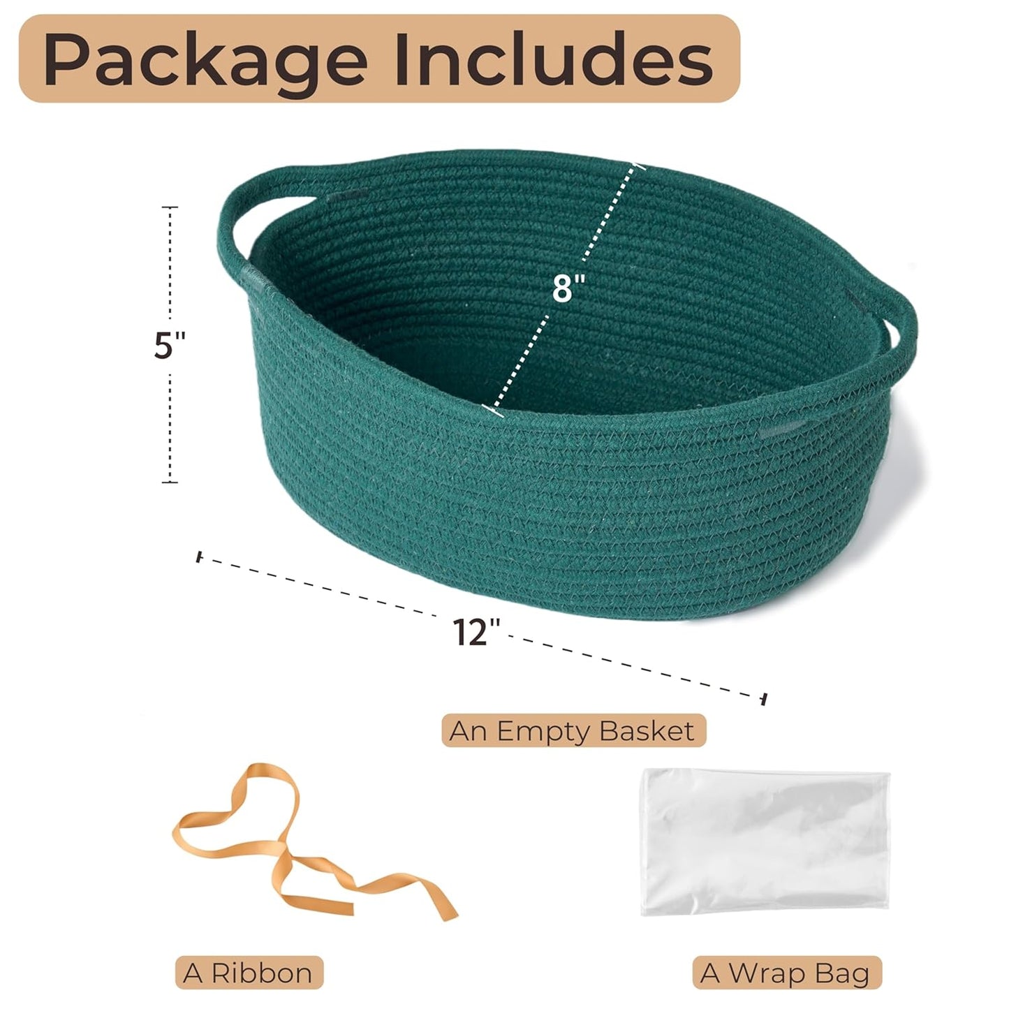 Small Woven Gift Basket Empty with Bag & Ribbon - Gifts for Mom, Baby Shower, Birthdays & Raffle - Cotton Rope Storage Basket for Dog Toys or Shelf - 12"x8"x5", White