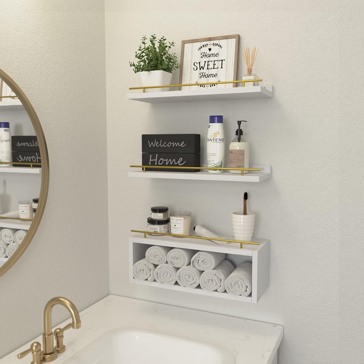 WOPITUES Floating Shelves for Wall with Cube Shelf, Wall Shelves with Metal Rail for Bathroom Decor, Bathroom Organizers and Storage, Over Toilet Shelves for Toilet Paper-Black