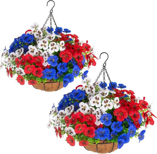 lovemoon 2 Sets Artificial Hanging Pansy Flowers with Baskets, 24 Pcs UV Resistant Faux Silk Pansy Outdoor Hanging Flower for Porch Patio Garden Home Spring Decor (2, White,Yellow,Purple)