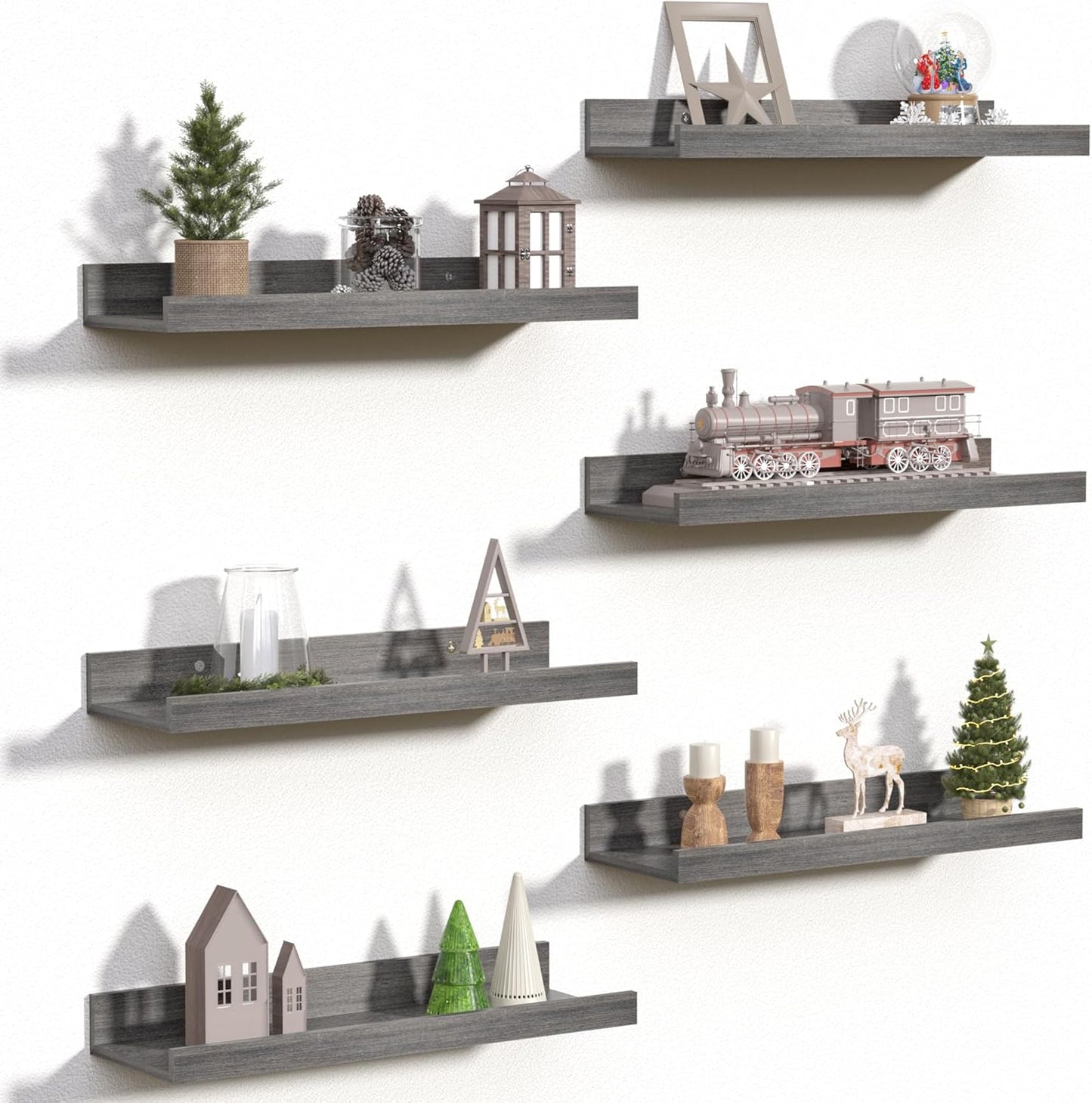 upsimples 6 Pack Wooden Floating Shelves, Wall Storage Decor Shelf for Bathroom, Bedroom, Living Room, Kitchen, Office and Laundry Room, Wall Mounted Display Hanging Shelf, Brown