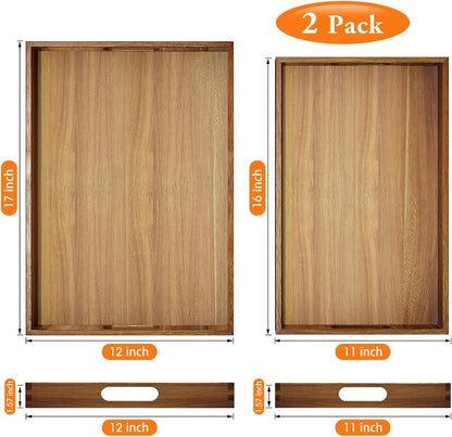 Acacia Serving Trays - 2 Pack, Acacia Wood Serving Platterss, Wood Serving Tray, Decorative Trays for Breakfast, Brunch, Dinner, Coffee Table, Party, Kitchen-M