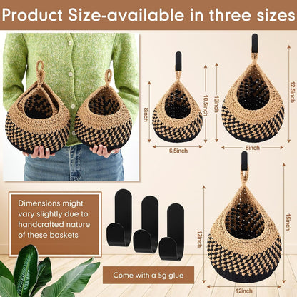 Honeydak Boho Decor Hanging Wall Baskets for Kitchen 3 Pack Teardrop Baskets with Hooks Storage Fruit Onion Vegetable Potato for Home 3 Sizes(Linen,Teardrop,Jute)