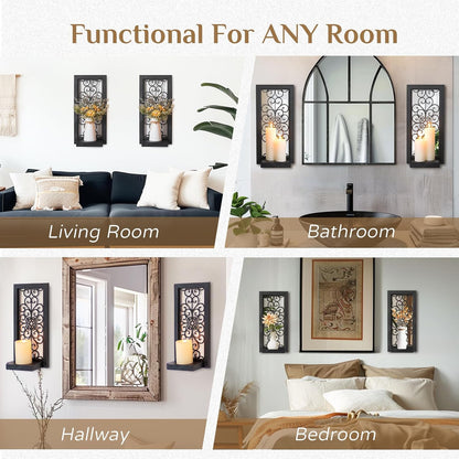 Farmhouse Wall Candle Holder Decor: Rustic Candle Sconces Set of Two for Pillar Candles - Brown Wooden Shelving for Fireplace Bathroom Hallway