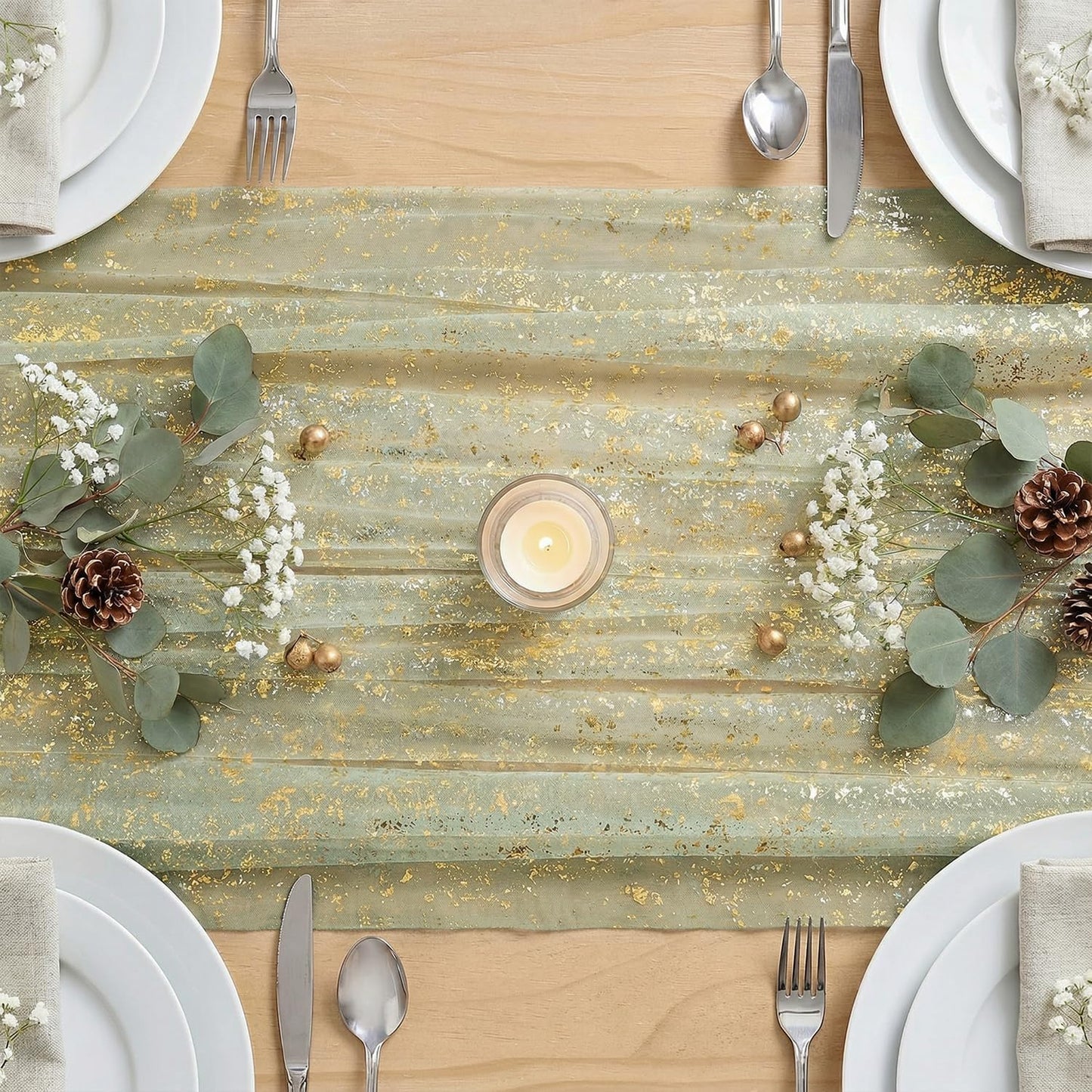 Artoid Mode Beige Gold Gauze Table Runner 120 Inch 10FT, Glitter Metallic Foil Sheer Dining Wedding Anniversary Holiday Birthday Table Decor for Home Party