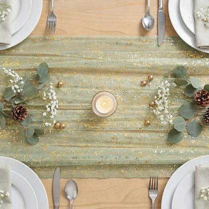 Artoid Mode Beige Gold Gauze Table Runner 120 Inch 10FT, Glitter Metallic Foil Sheer Dining Wedding Anniversary Holiday Birthday Table Decor for Home Party