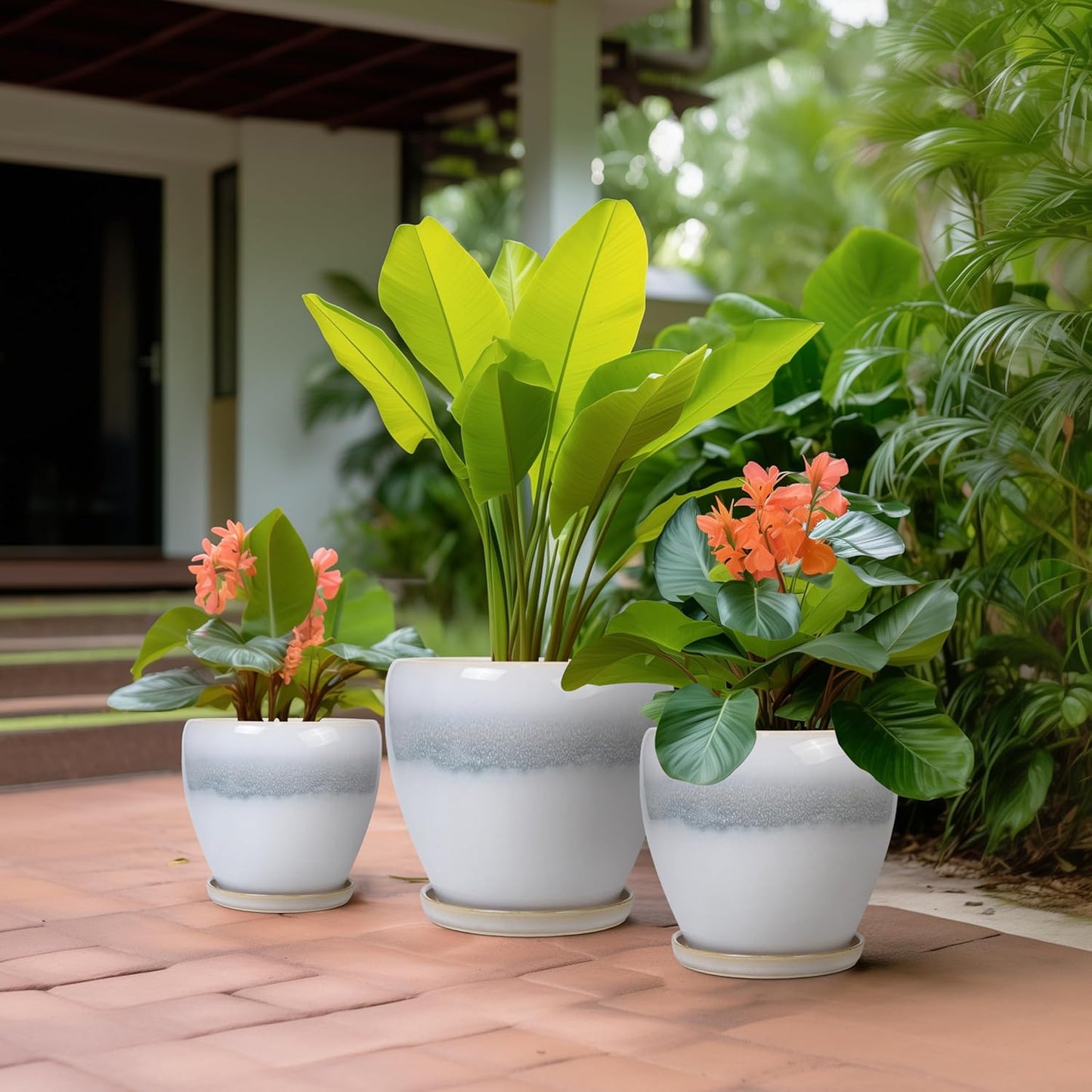 Plant Pots Indoor, Ceramic Planters Pots with Drainage Holes and Saucers, 10+8+6 Inch, Set of 3, Round Large Flower Pots for Indoor Outdoor Plants, Blue