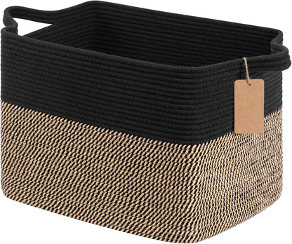 Goodpick Woven Storage Basket, Cotton Rope Basket for Dog Toys, Books, Stylish Gift Basket with Handles, 13 x 10 x 9 Inches Square Baskets for Organizing, Brown and White
