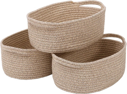 JMvicyroam Woven Basket,Small Rope Storage Bin with Handles & Ribbon Bag, Organizer for Shelves Closets,Gift Basket Empty for Birthday,Books,Dog Toys,White