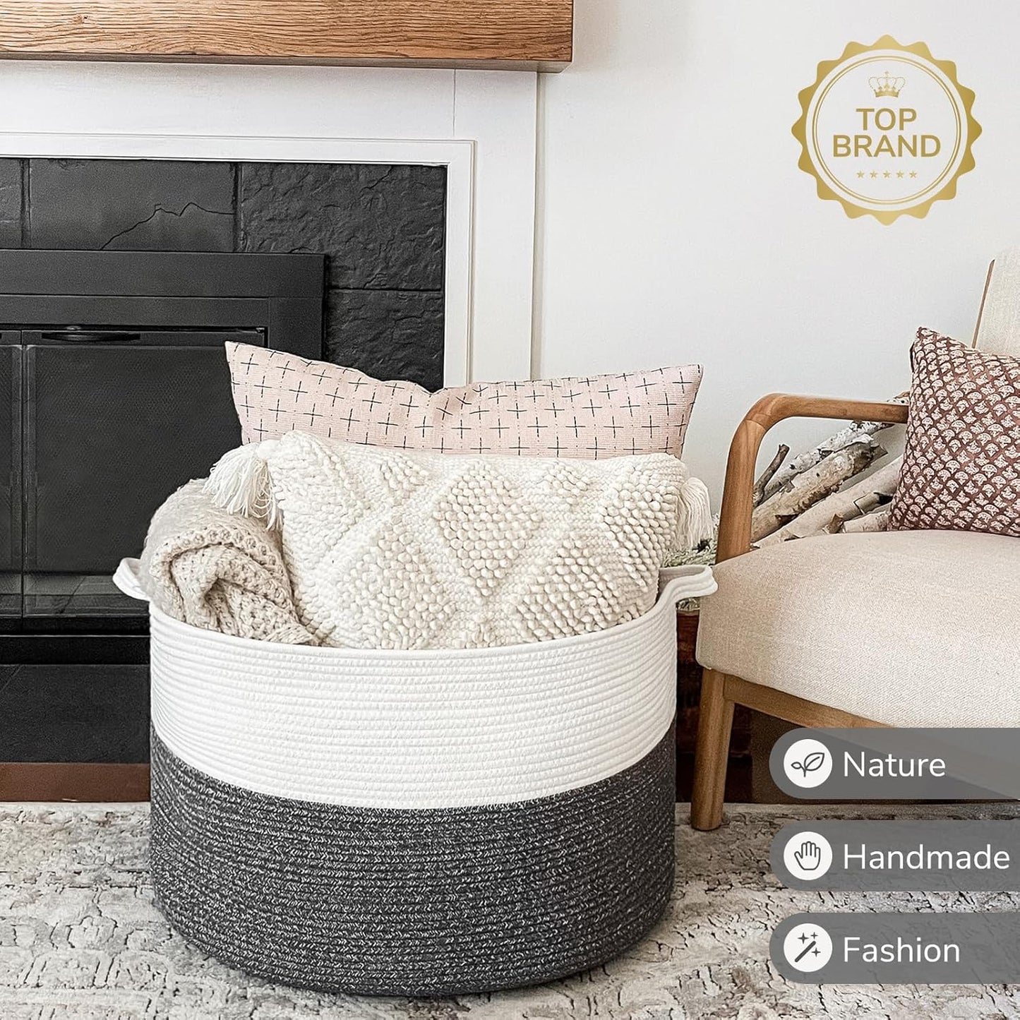 INDRESSME XXXLarge Blanket Basket for Living Room 21.7" x 21.7" x 13.8"-Storage Basket with Handle for Organizing Toy Pillows Woven Cotton Rope Laundry Basket Stuffed Animal Toy Storage for Play Room