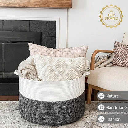 INDRESSME XXXLarge Blanket Basket for Living Room 21.7" x 21.7" x 13.8"-Storage Basket with Handle for Organizing Toy Pillows Woven Cotton Rope Laundry Basket Stuffed Animal Toy Storage for Play Room