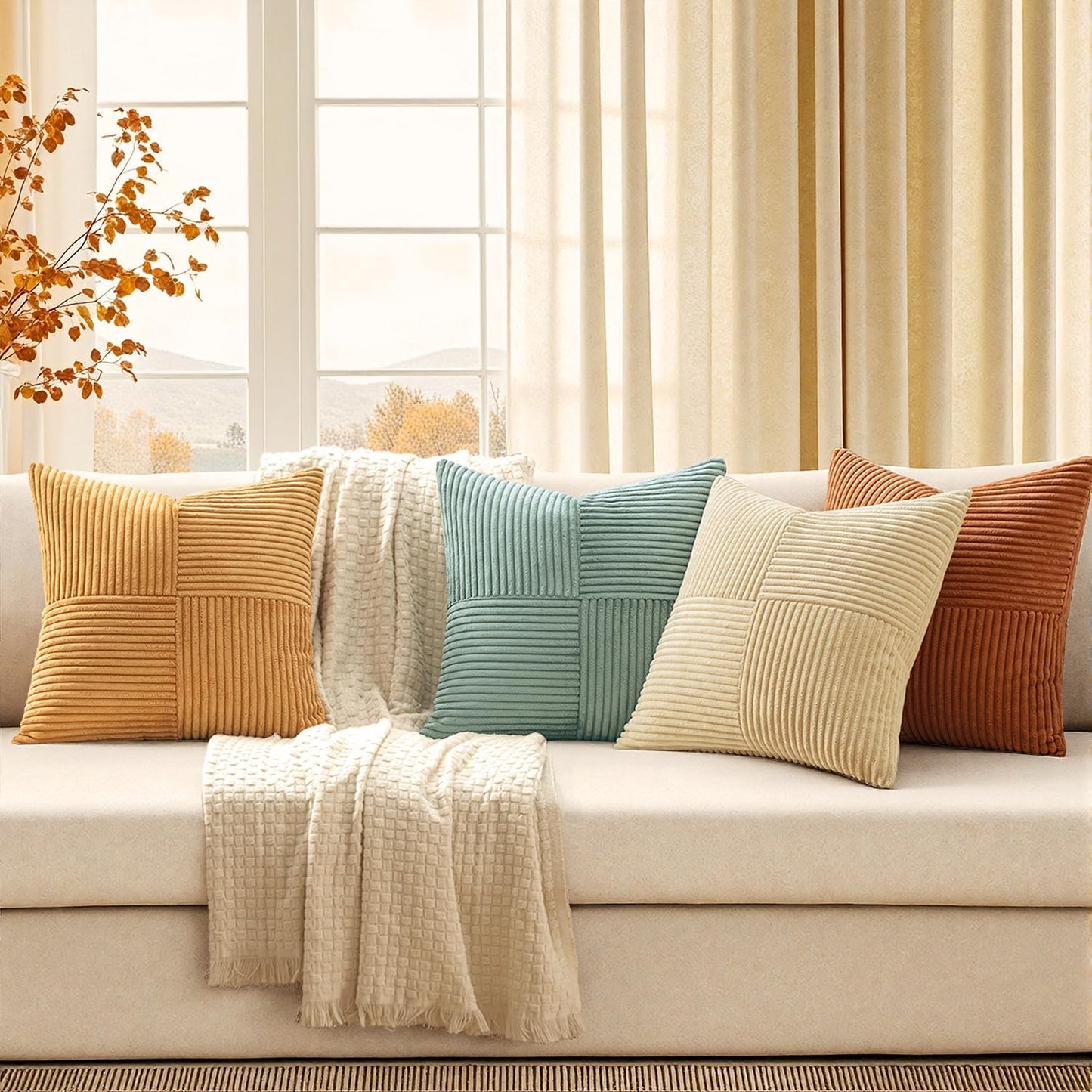 MIULEE Teal Orange Decorative Throw Pillow Covers 18x18 Inch Set of 4 Boho Corduroy Striped Cushion Cases Modern Farmhouse Patchwork Pillow Cases for Couch Sofa Bedroom Home Decor