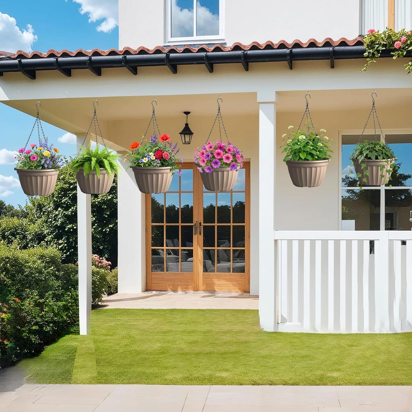 FGstyle Hanging Planters 10 Inch, 4 Pcs Self Watering Pots for Indoor Plants,Plastic Hanging Basket with Soil Elevator and 20" Chain for Home Garden Porch Balcony Patio Decor(Black)
