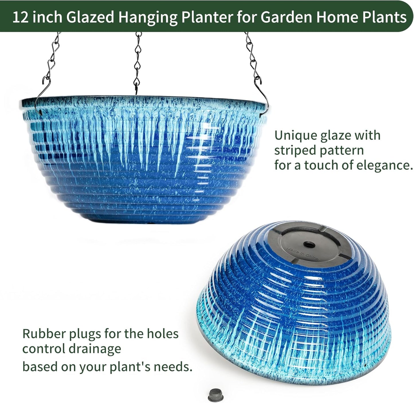 Vanslogreen 2 Pack Hanging Planters for Indoor Outdoor Plants, 10 Inch Hanging Planter with Drainage Hole & Plug Glazed Hanging Baskets Flower Pots for Garden Home (Blue)