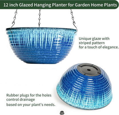 Vanslogreen 2 Pack Hanging Planters for Indoor Outdoor Plants, 10 Inch Hanging Planter with Drainage Hole & Plug Glazed Hanging Baskets Flower Pots for Garden Home (Blue)